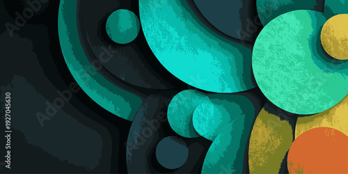 Abstract art with vibrant circles and shades of teal and gray