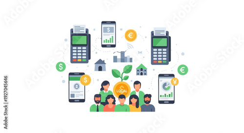 Local Community Finance, Digital Payment and Growth Concept. People, POS Terminals, Mobile Banking, and Investment in Local Business Economy.