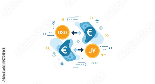 Global Foreign Exchange (Forex) Transaction: Flat Vector Icon of USD, Euro, and JPY Currency Exchange Process