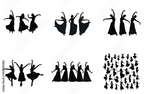 Dance silhouette vector collection. Includes ballet, contemporary, and traditional dance poses. Created in minimalist black and white style.