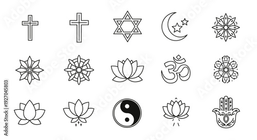 Collection of religious and spiritual symbols including Christianity Islam Judaism and Buddhism.