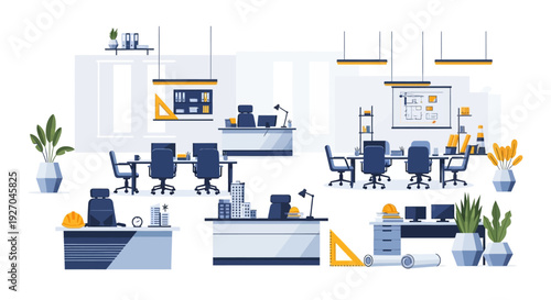 Modern Office Interior Design with Meeting Rooms and Desks.