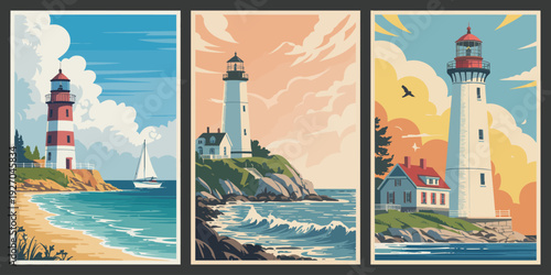 Lighthouse Coastal Triptych poster set, rocky cliff lighthouse with sailboat and bright cloud filled sky