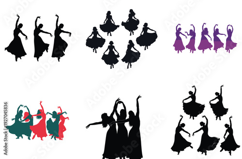 Female dancer silhouette collection. Includes various poses of women dancing in traditional and modern styles. Created in flat silhouette style with black, red, and purple colors.