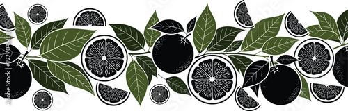 Vector illustration of seamless citrus fruit pattern with oranges, green leaves, and lemon slices, decorative citrus border for organic food packaging.