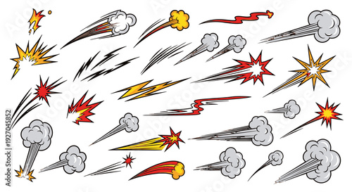 Collection of cartoon explosion and meteorite effects with various colors and styles.