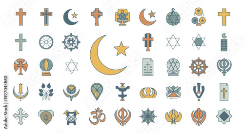 Collection of various religious symbols from different faiths and cultures.
