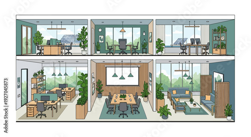 Modern Office Interior Design Layout with Multiple Workspaces.