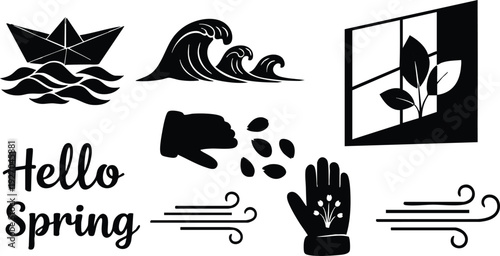 Black silhouette vector art with spring season symbols including paper boat waves window leaves sowing seeds and hello spring lettering in flat design style