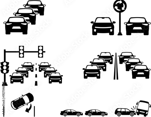 A collection of black and white icons depicting various traffic situations, including cars in queues, roundabouts, traffic lights, multi-lane roads, and car accidents.