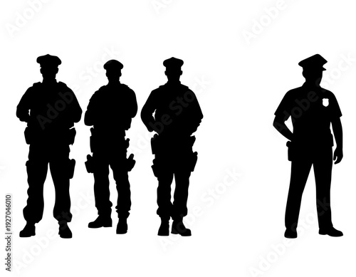 Four black silhouettes of police officers standing against a white background, three grouped and one separate, all in uniform with hats.