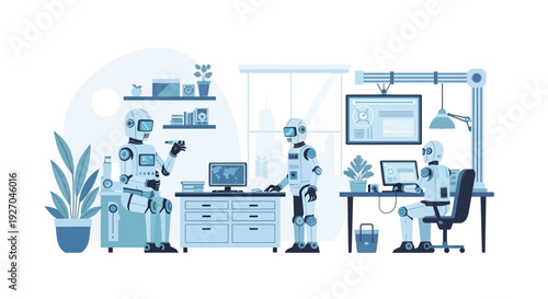 Robots working in a modern laboratory setting.