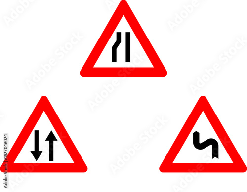 Three triangular red-bordered warning road signs indicating road narrows, two-way traffic, and winding road ahead.