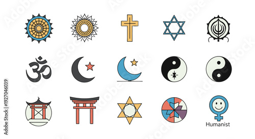 Collection of Religious Symbols from Various Faiths and Beliefs.