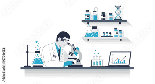 Scientist examining sample under microscope in laboratory setting.