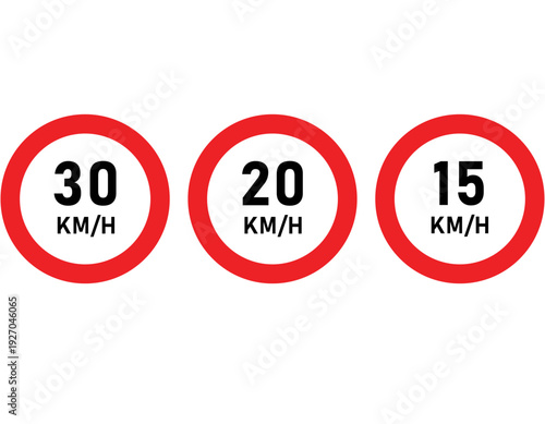 Three red circular road signs displaying different speed limits: 30 KM/H, 20 KM/H, and 15 KM/H, isolated on a white background.