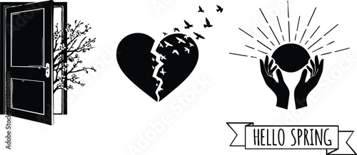 Minimalist vector art of open door with blossoming branches broken heart with flying birds and hands holding rising sun with hello spring banner black and white design
