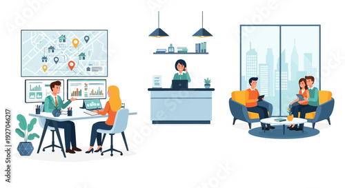 Office Scenes Depicting Business Interactions and Waiting Areas.