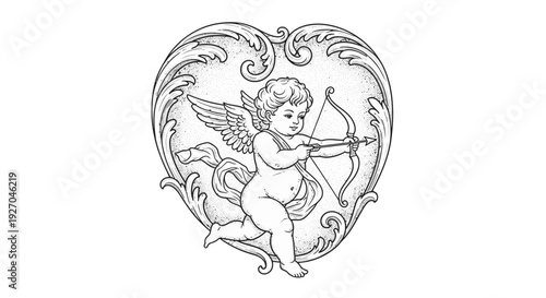 Cupid shooting an arrow within an ornate heart-shaped frame.