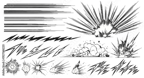 Black and white explosion and motion effect elements.