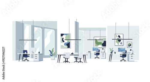 Modern Office Interior with Desks and Chairs.