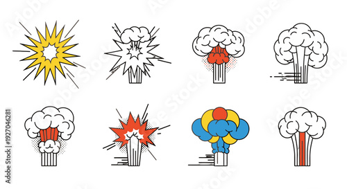 Nuclear explosion icons set with various effects and colors.