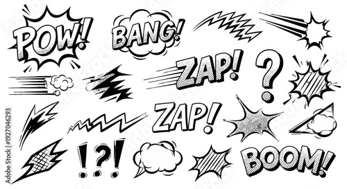 Comic book sound effects and speech bubbles in black and white.