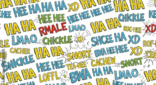 Colorful typography expressing laughter and amusement in a chaotic text layout.