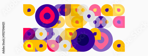 Abstract composition featuring overlapping circles, squares, varying hues. Purple, yellow dominate design, creating dynamic visual texture.