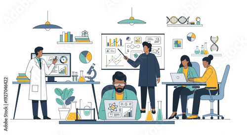 Scientists collaborating in a modern laboratory setting.