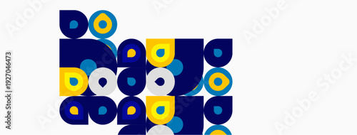 Abstract geometric shapes, blue, yellow, teal. Circles nested within squares create playful pattern. Minimalist design, clean aesthetic.