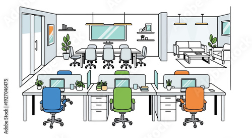 Modern Office Interior with Desks and Meeting Room.