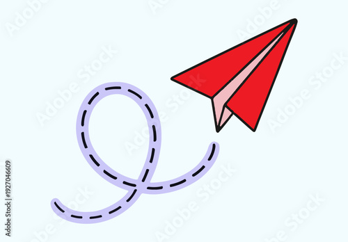Red Paper Plane with Dashed Flight Path Line Icon Vector Illustration