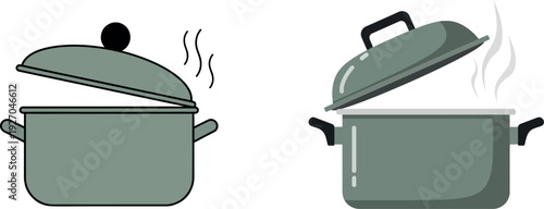 Two grey cooking pots with lids slightly ajar emitting steam on a white background also transparent background