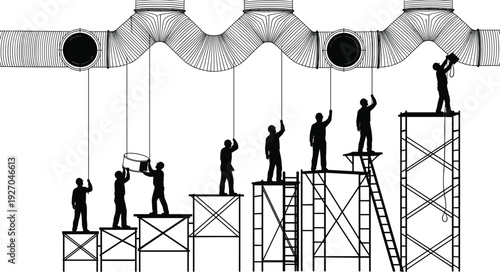 Vector silhouette of industrial workers installing HVAC ventilation system on scaffolding, professional maintenance crew working