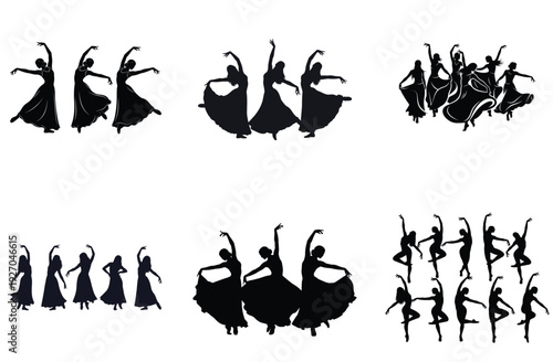 Female dancer silhouette collection. Includes ballet, contemporary, traditional, and folk dance poses. Created in solid black silhouette style with minimal detail.