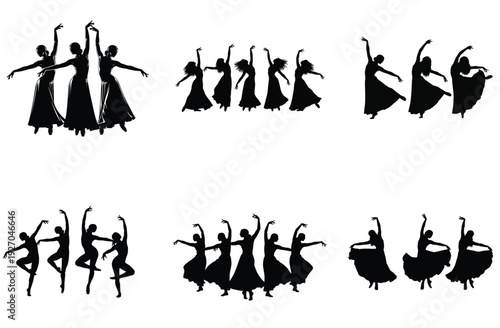 Female dancers silhouette vector collection. Includes ballet, folk, and modern dance poses. Created in solid black style with minimalist palette.