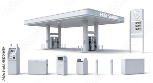 Modern gas station with fuel pumps and canopy, white design, clean and bright.