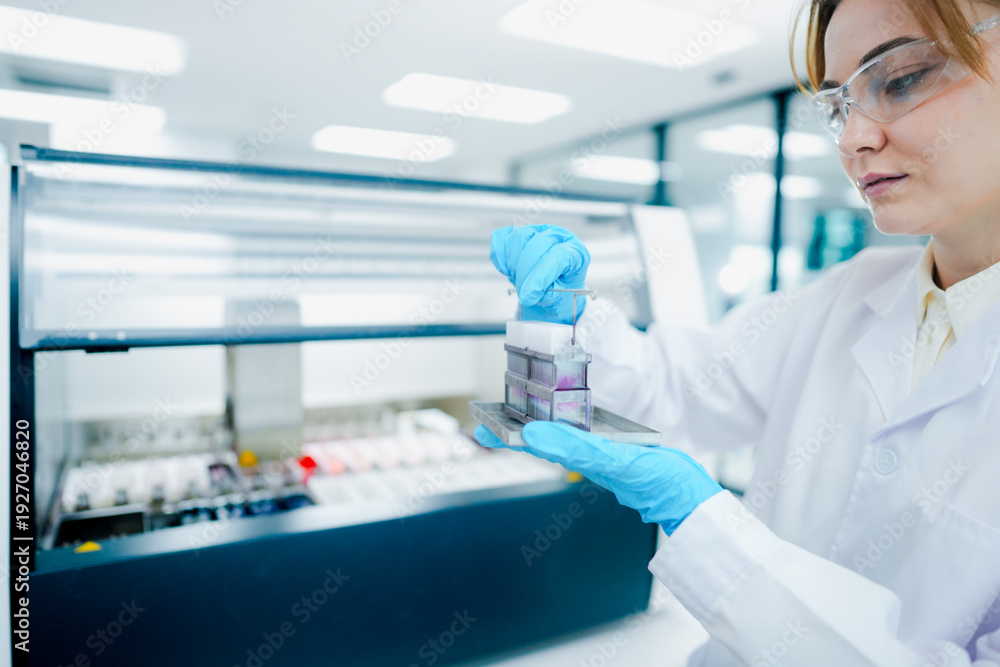 Fototapeta premium Clinical laboratory scientist monitoring automated hematology analyzer workflow metrics via digital LIMS tablet interface in smart diagnostic facility.