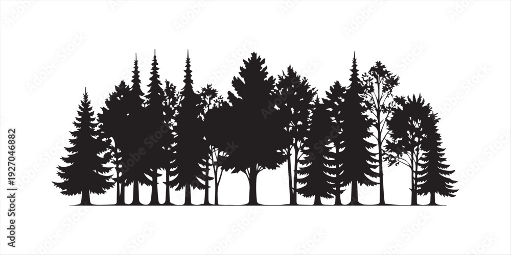 Fototapeta premium Pine tree silhouettes. Evergreen forest firs and spruces black shapes, wild nature trees templates. Vector illustration woodland trees set on white background