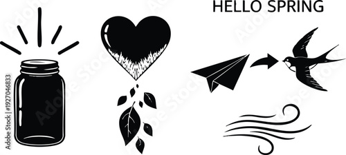 Minimalist black silhouette jar heart with leaves paper plane bird flying with wind swirl and hello spring text vector design illustration