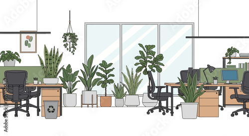 Modern Office Interior with Lush Green Plants.