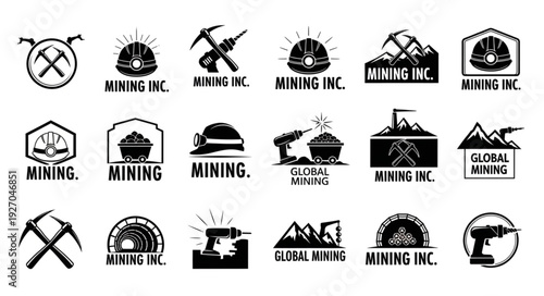 Mining industry logos and emblems collection, various designs and styles.