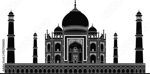 Vector silhouette of Taj Mahal landmark, India travel icon, historical monument architecture, Agra tourism, world wonder, marble palace,