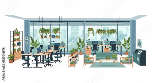 Modern Office Interior with Lush Green Plants and Natural Light.