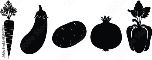 Vector silhouette of vegetable collection including carrot, eggplant, potato, onion, and bell pepper, healthy food icons set for organic cooking.