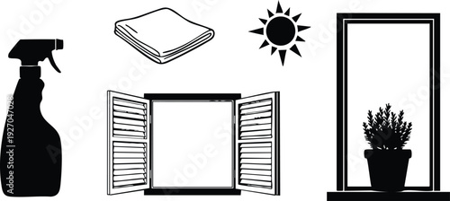 Black silhouette vector icons of spray bottle cleaning cloth sun open window shutters and potted plant on windowsill in simple flat design style