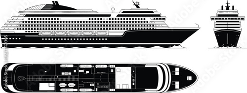 Black and White Silhouette Illustration of a Modern Luxury Cruise Ship Vector from Side View Top View and Front View Isolated on White Background