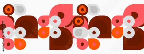 Retro pattern features repeating geometric shapes. Brown, orange, pink hues create midcentury modern aesthetic. Simple design, clean lines.