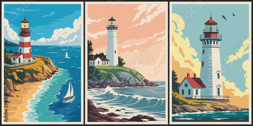 Lighthouse Coastal Triptych poster, red and white striped beacon above turquoise sea and sandy beach